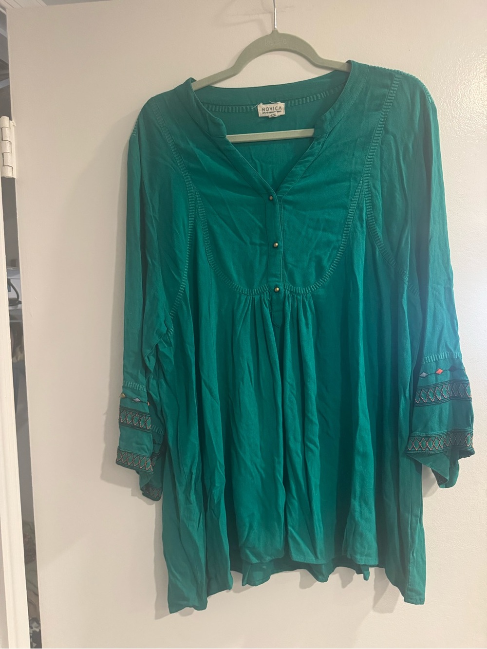 NOVICA Teal Flowing Tunic Top Women's XXL Boho Lightweight Blouse